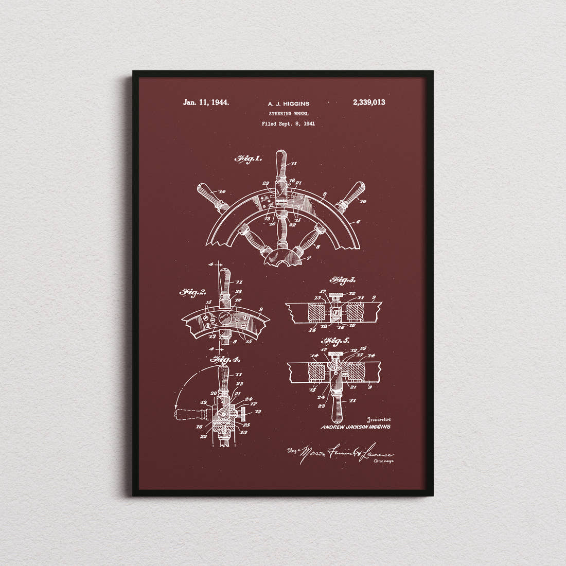 Ships Steering Wheel Patent Print in the burgundy colourway, framed