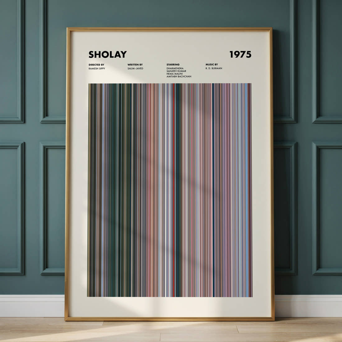 Sholay Movie Barcode Poster framed and leaning against a panelled wall