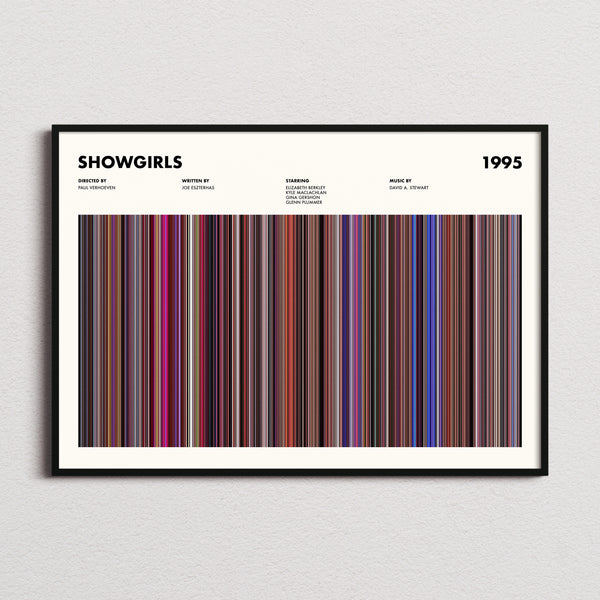 Showgirls Movie Barcode Poster framed and photographed straight on