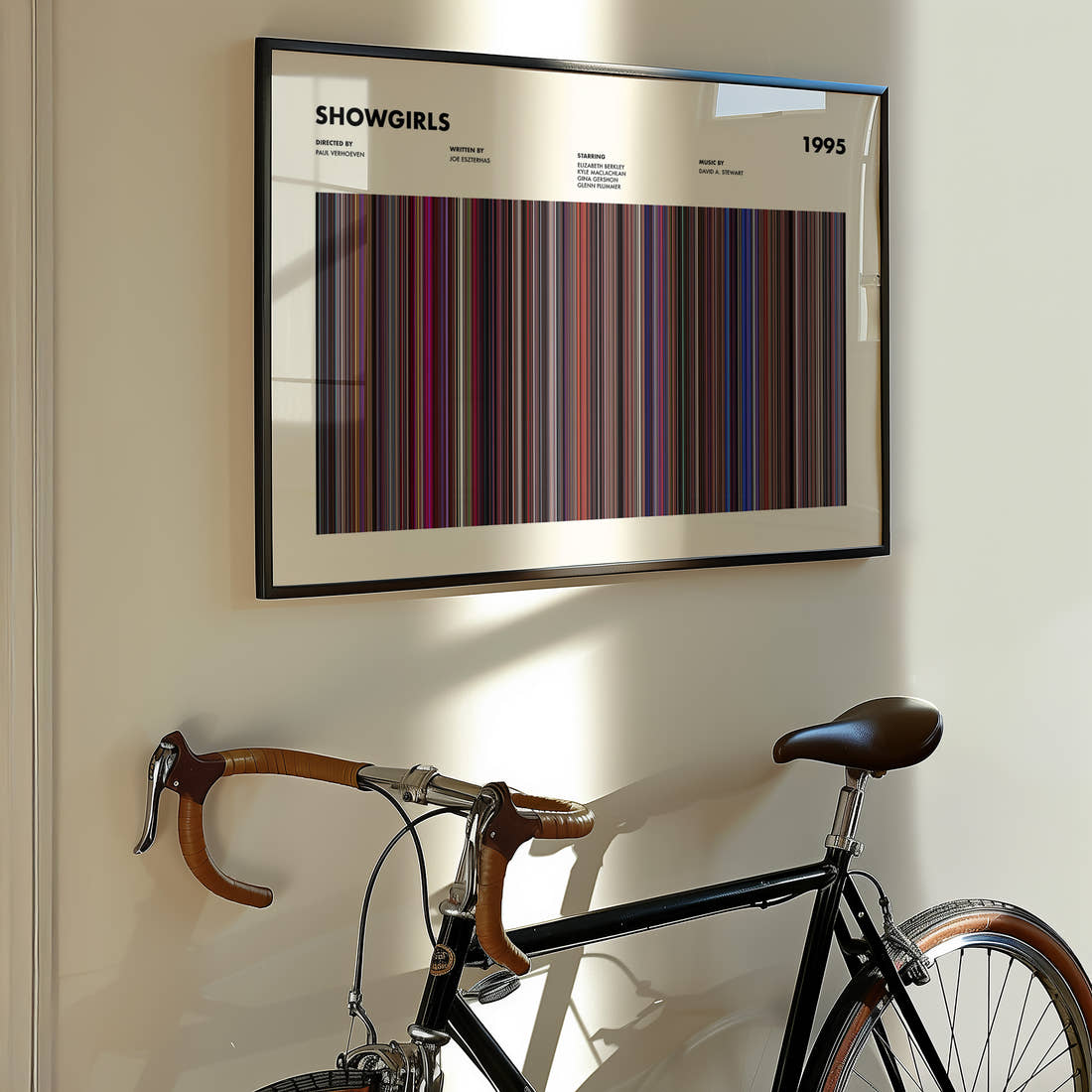 Showgirls Movie Barcode Poster framed on the wall of a styled room setting