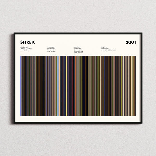Shrek Movie Barcode Poster framed and photographed straight on