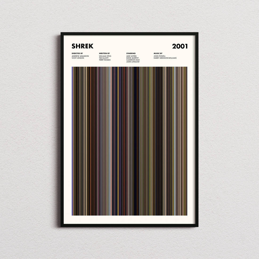 Shrek Movie Barcode Poster framed on a plain studio wall