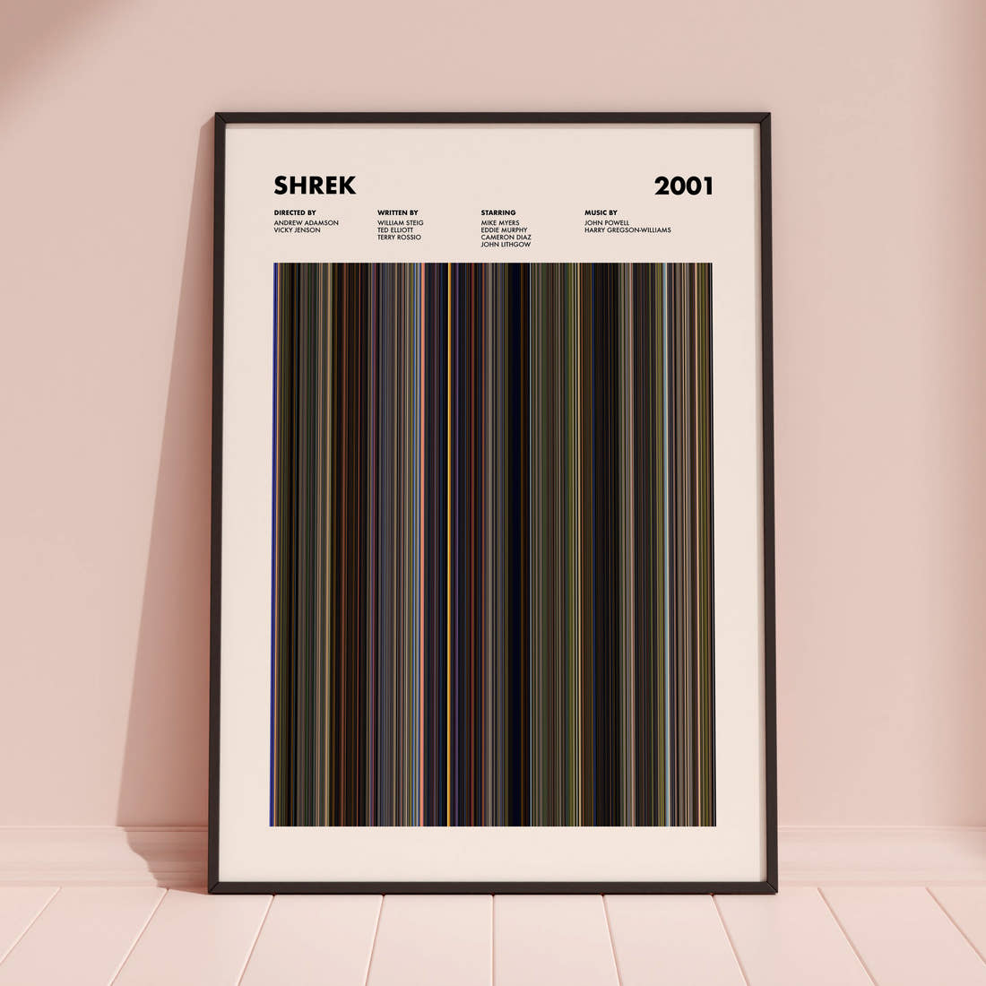 Shrek Movie Barcode Poster framed and leaning against a coloured wall