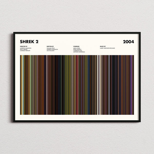 Shrek 2 Movie Barcode Poster framed and photographed straight on