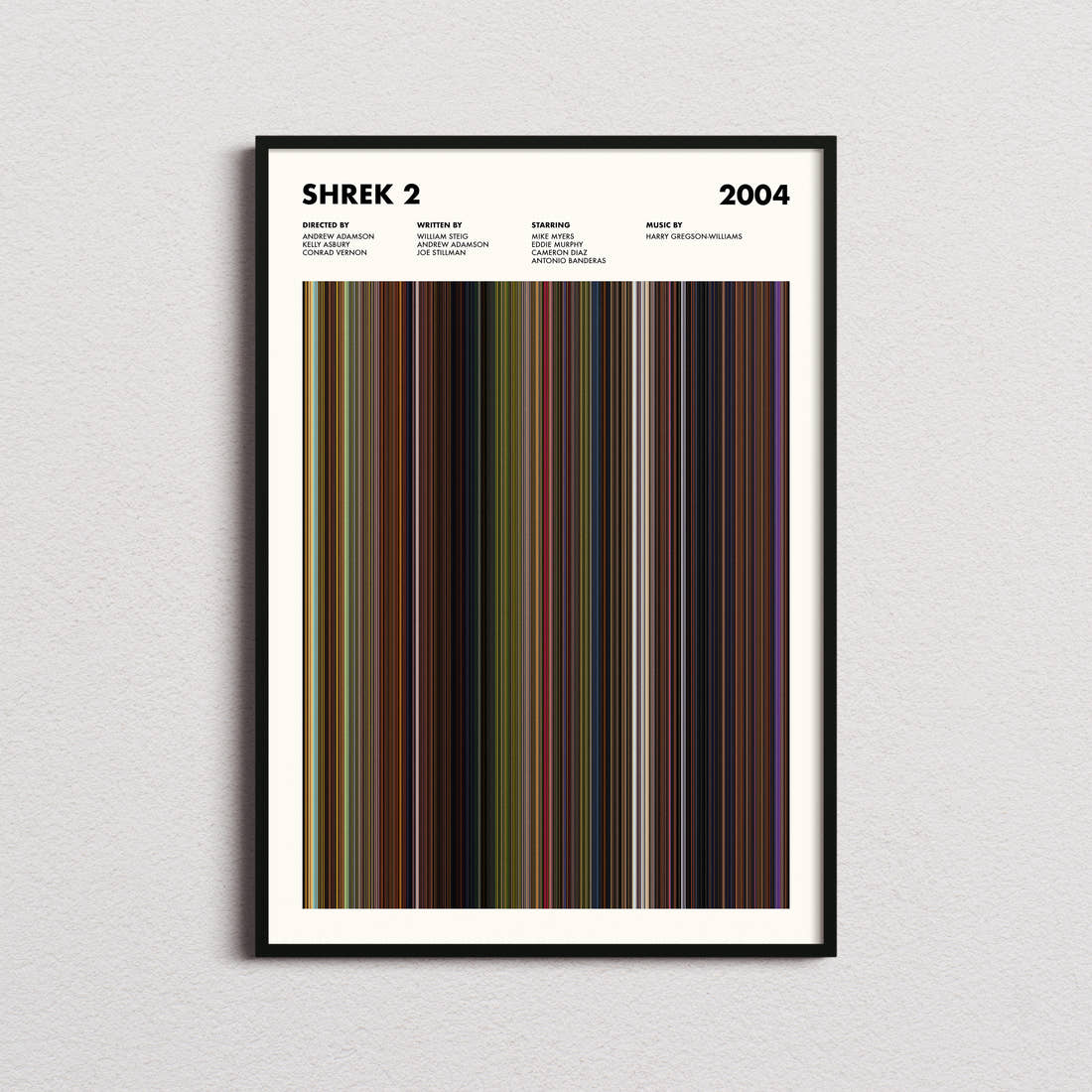 Shrek 2 Movie Barcode Poster framed on a plain studio wall