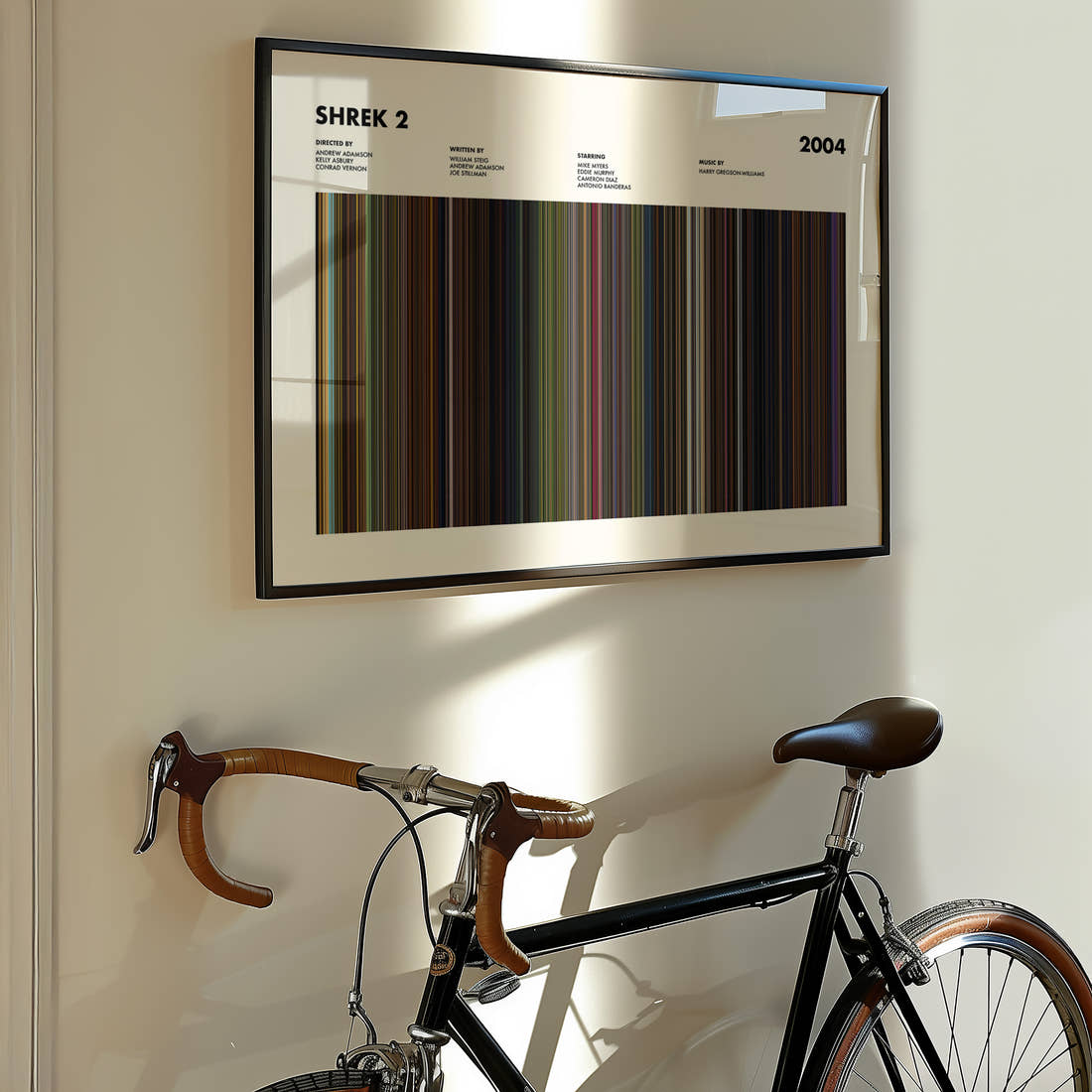 Shrek 2 Movie Barcode Poster framed on the wall of a styled room setting