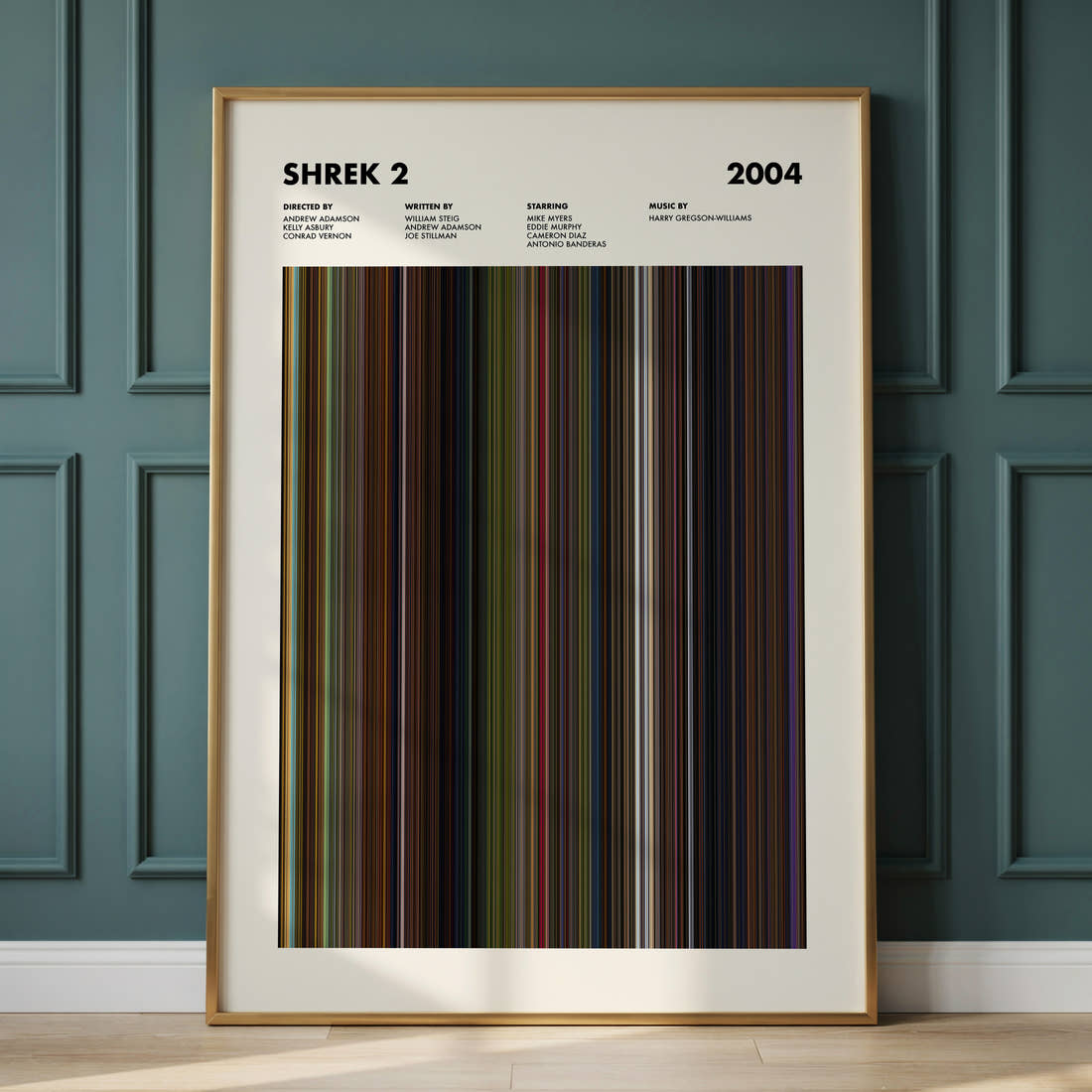 Shrek 2 Movie Barcode Poster framed and leaning against a panelled wall