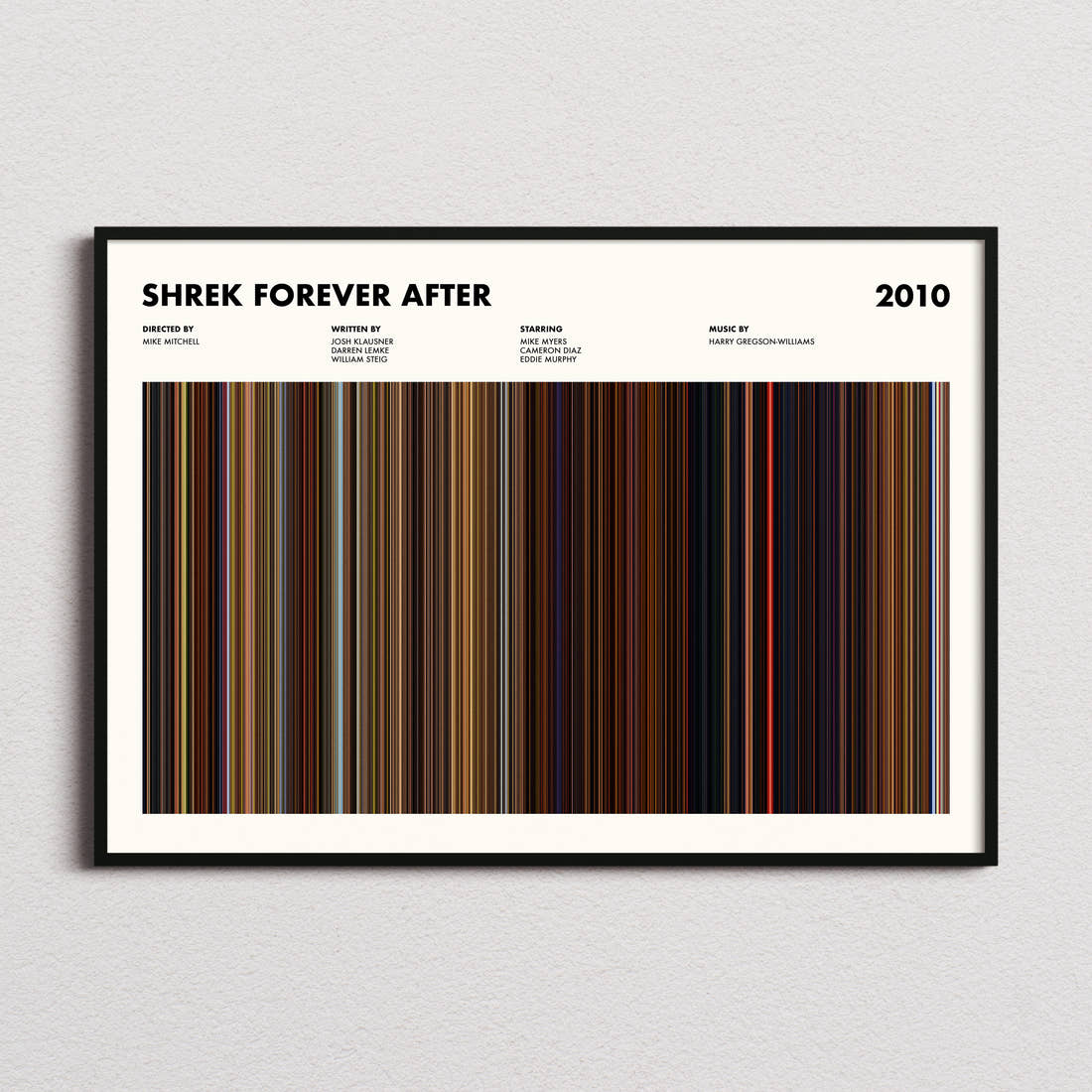 Shrek Forever After Movie Barcode Poster framed and photographed straight on