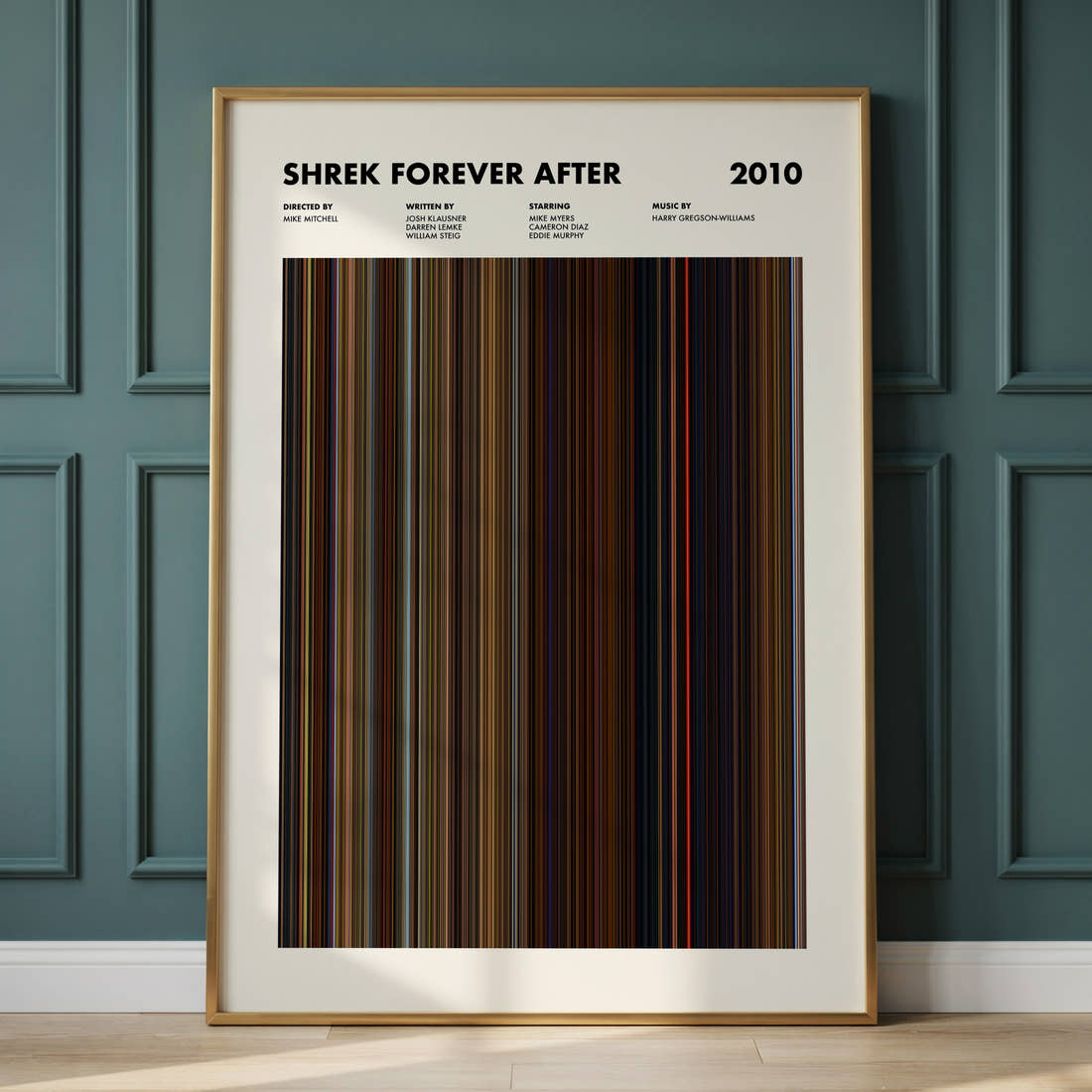 Shrek Forever After Movie Barcode Poster framed and leaning against a panelled wall