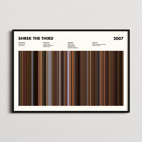 Shrek The Third Movie Barcode Poster framed and photographed straight on