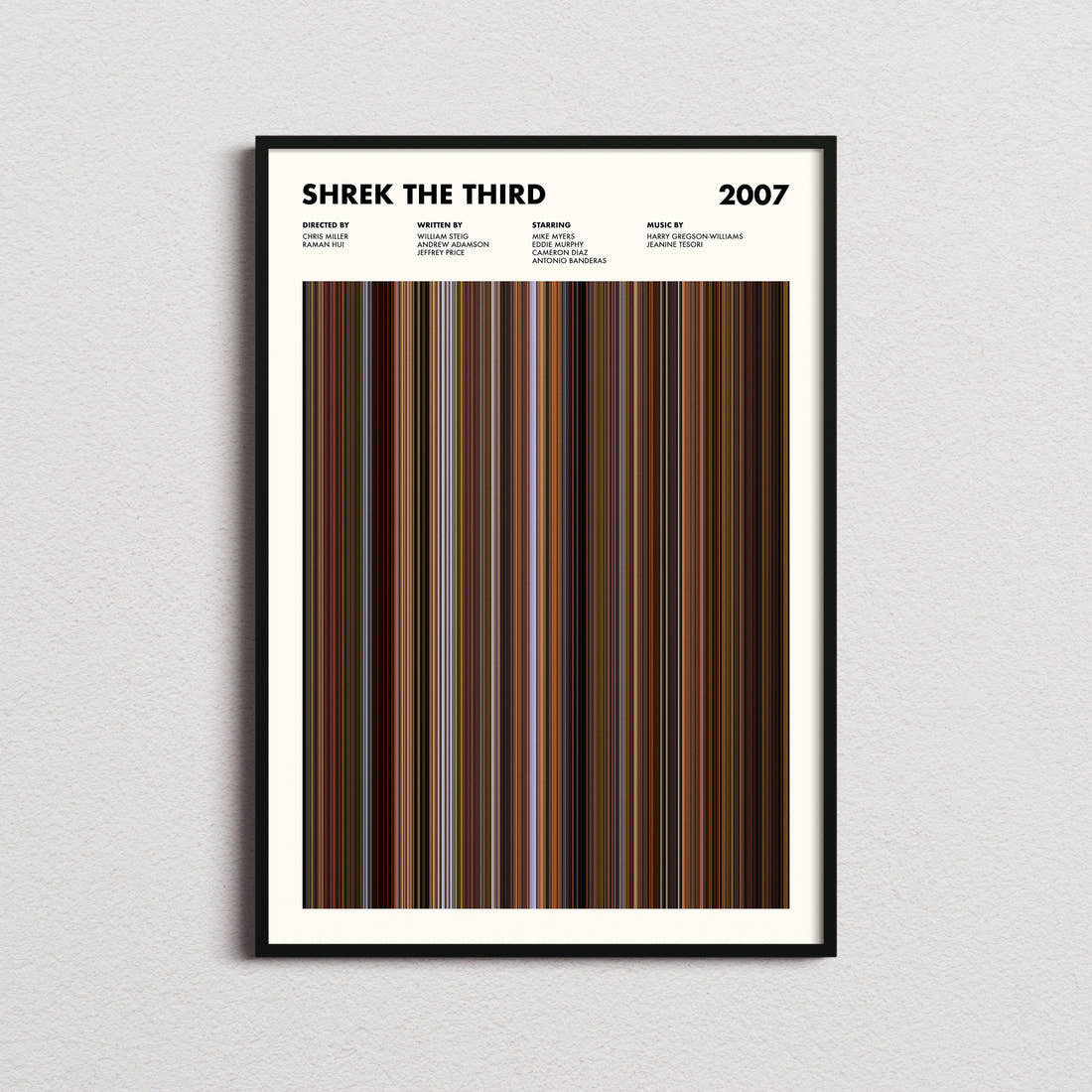 Shrek The Third Movie Barcode Poster framed on a plain studio wall