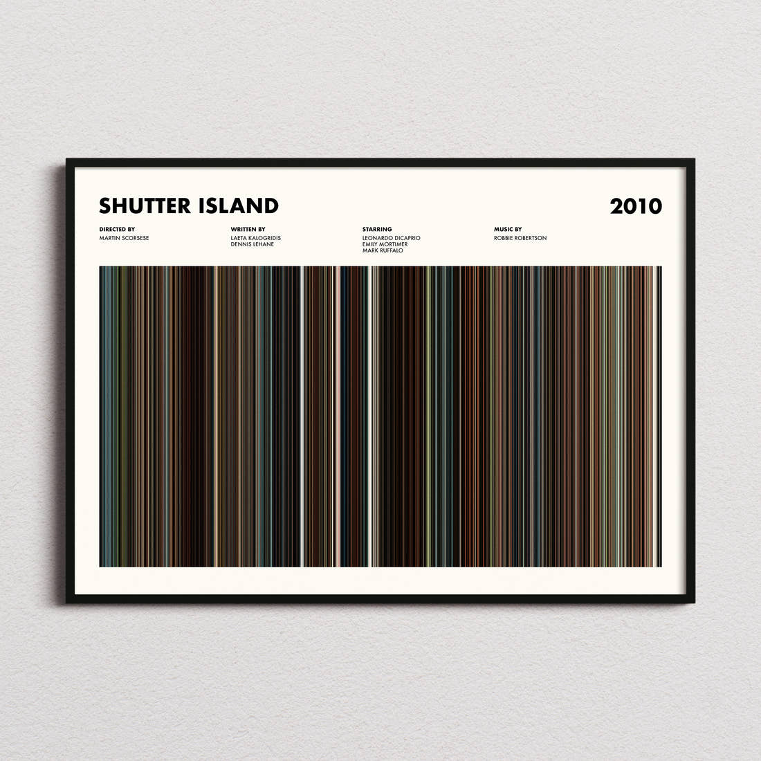 Shutter Island Movie Barcode Poster framed and photographed straight on