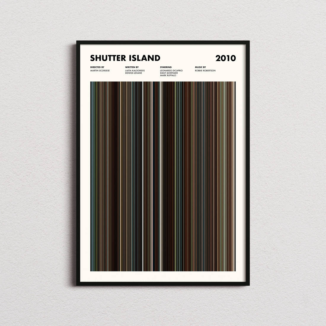 Shutter Island Movie Barcode Poster framed on a plain studio wall