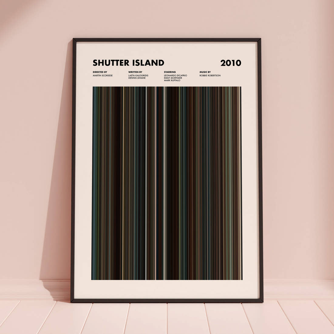 Shutter Island Movie Barcode Poster framed and leaning against a coloured wall