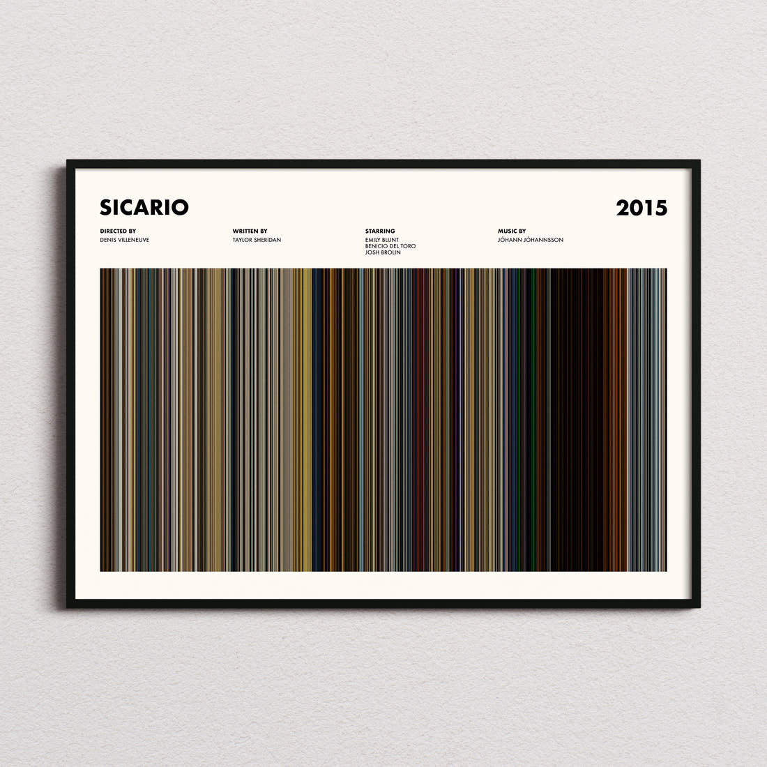 Sicario Movie Barcode Poster framed and photographed straight on