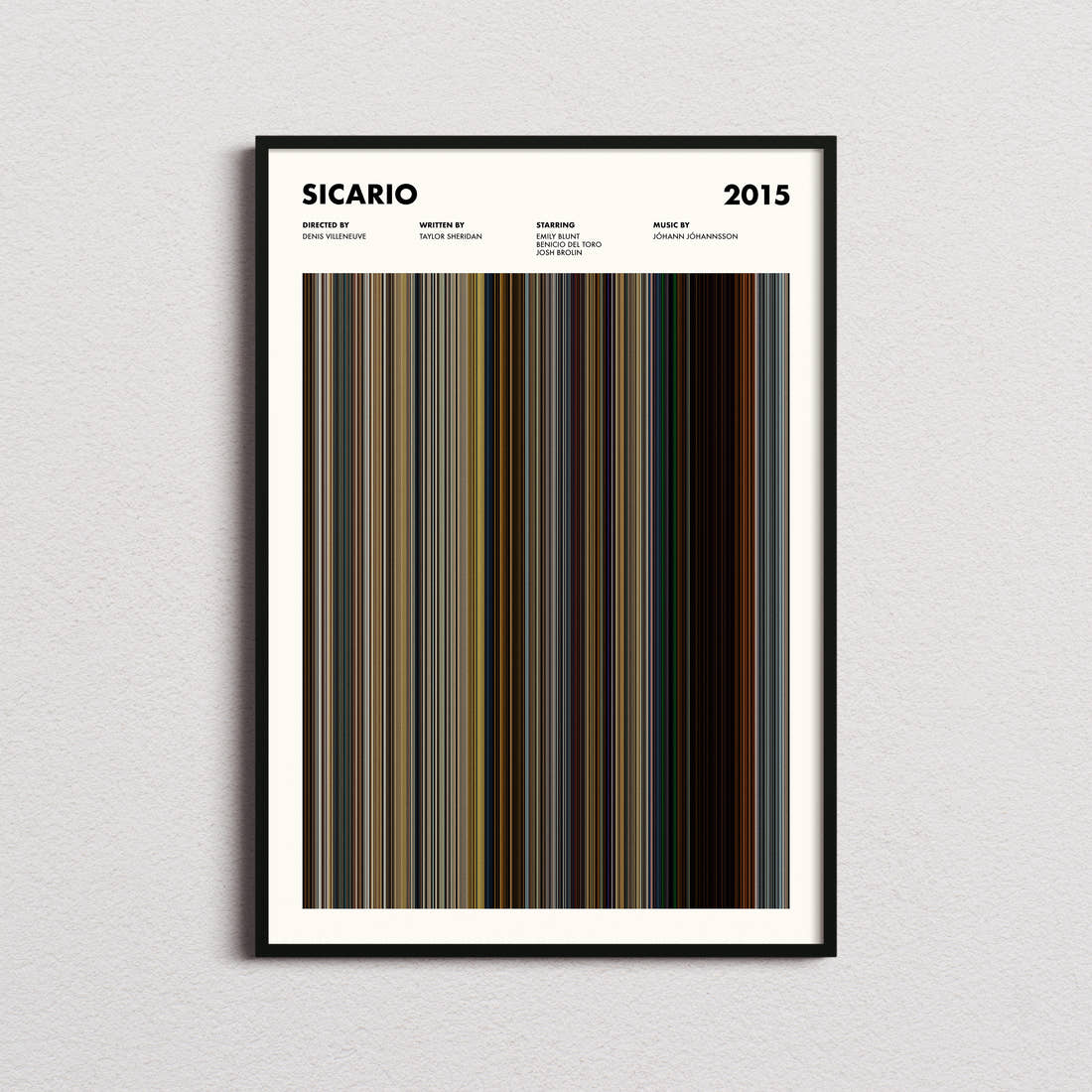 Sicario Movie Barcode Poster framed on a plain studio wall