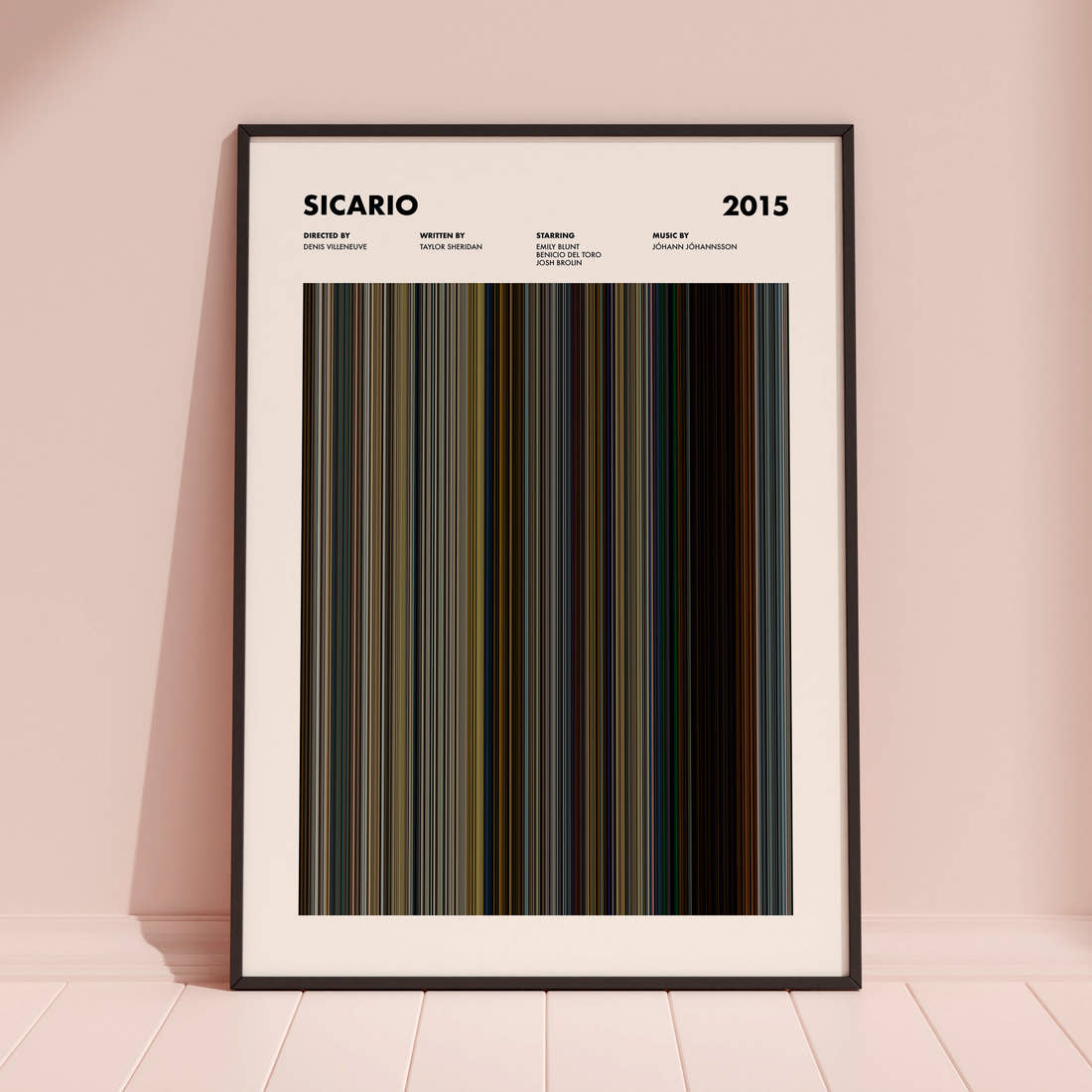 Sicario Movie Barcode Poster framed and leaning against a coloured wall