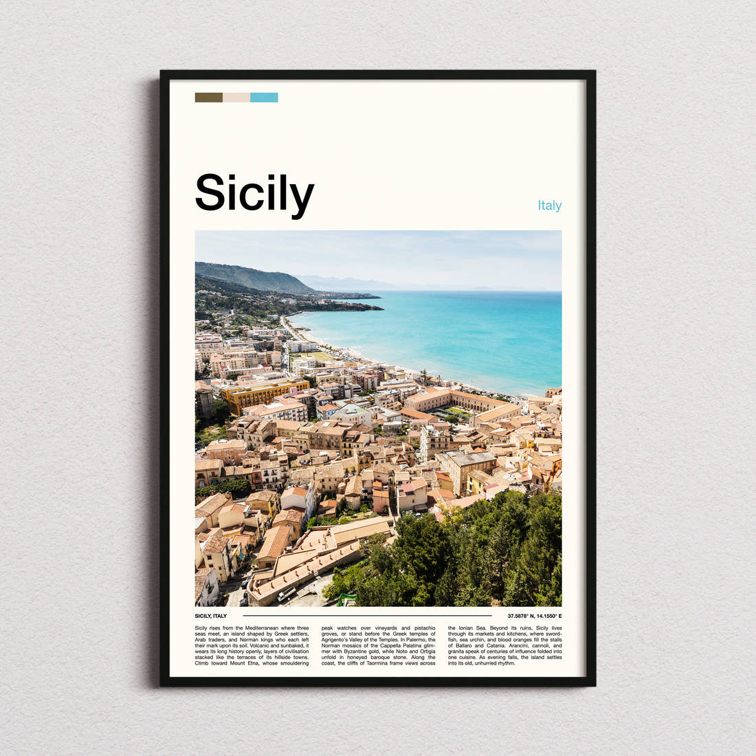 Sicily Coastal Town Aerial Travel Print framed and photographed straight on