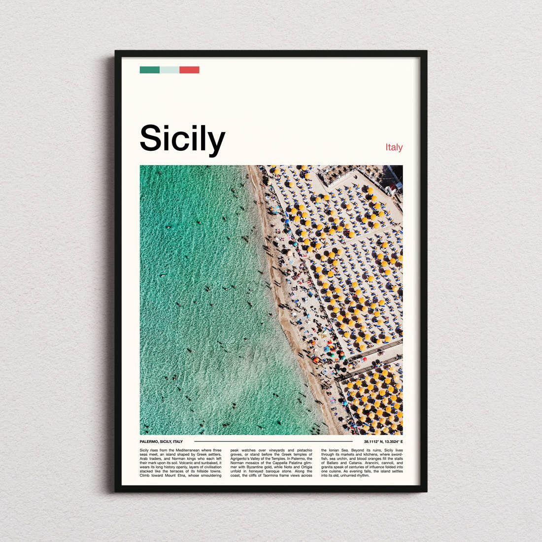 Sicily Aerial Beach View Travel Print framed and photographed straight on