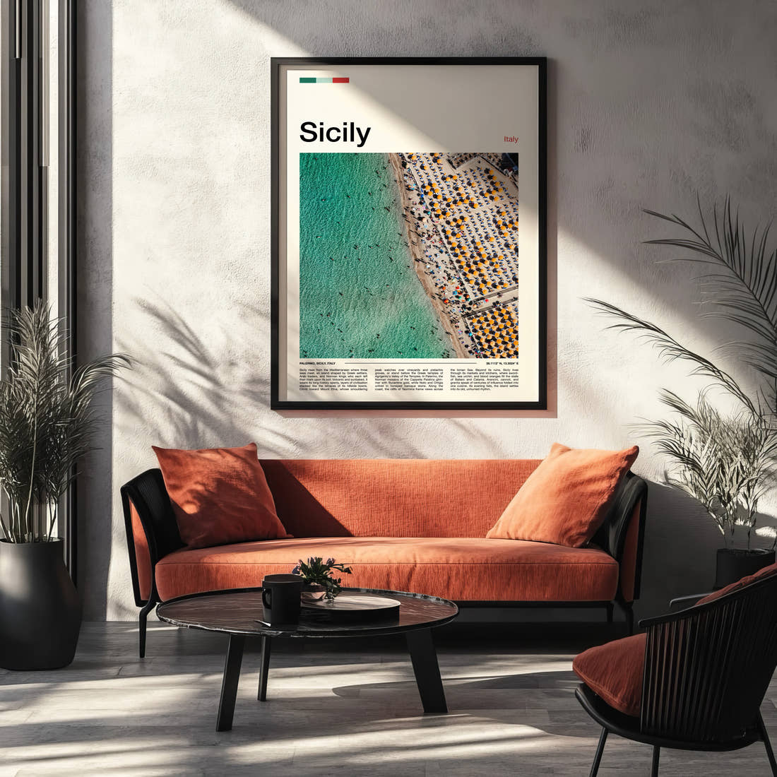 Sicily Aerial Beach View Travel Print framed on the wall of a modern living room