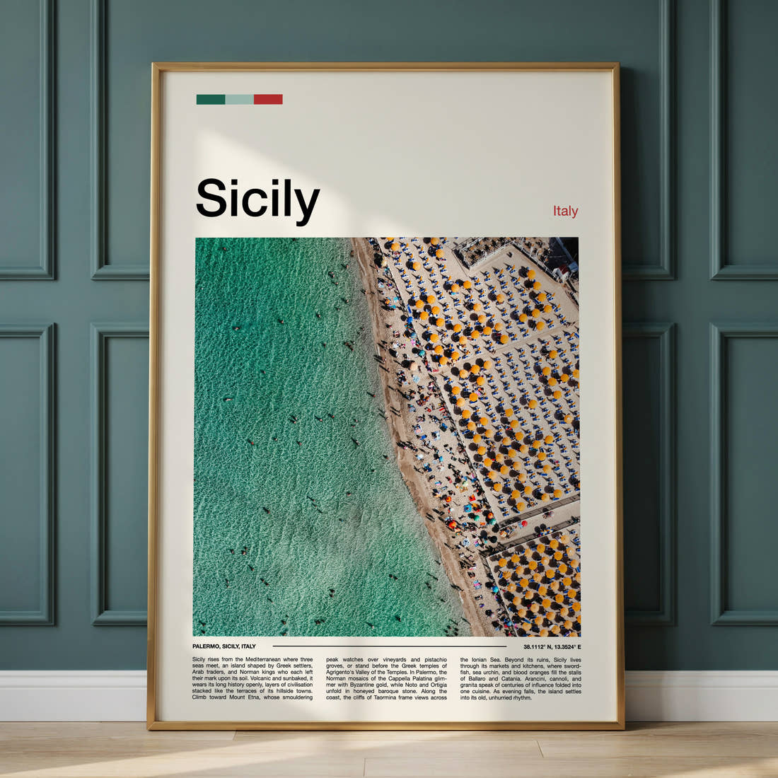 Sicily Aerial Beach View Travel Print framed on the wall of a calm, neutral bedroom