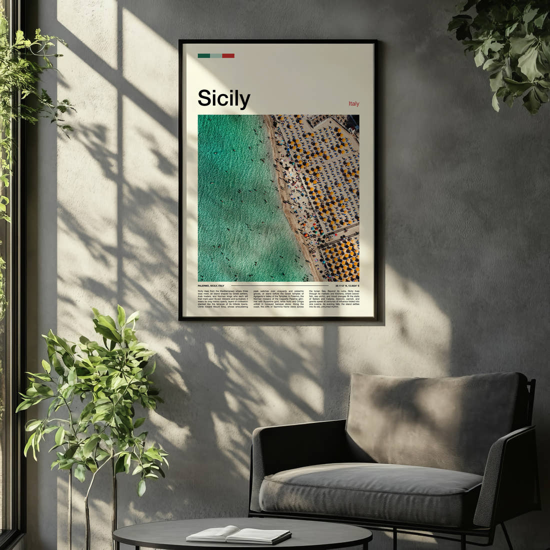 Sicily Aerial Beach View Travel Print framed on the wall of a relaxed living room