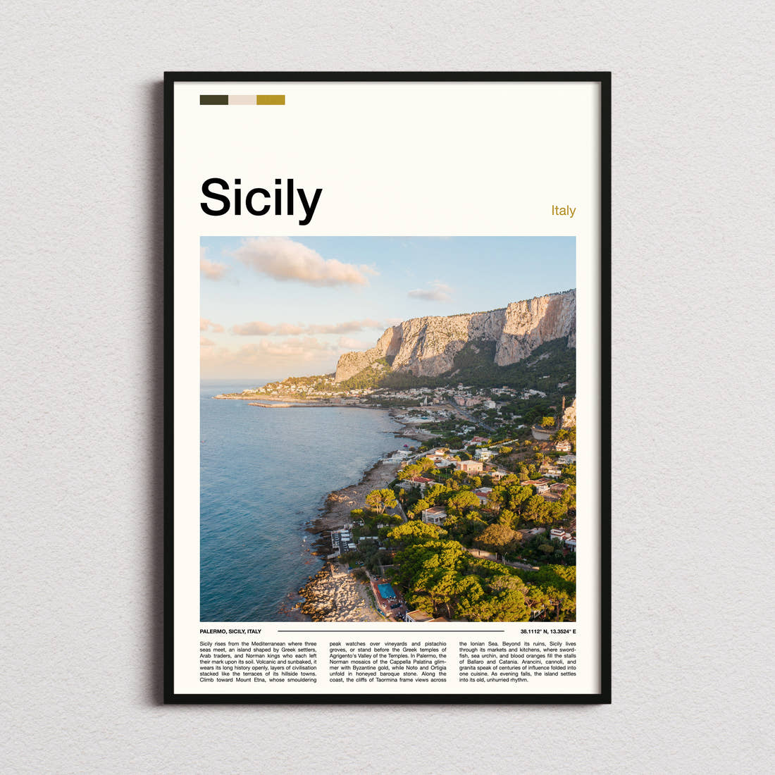 Sicily Coastal Cliffside View Travel Print framed and photographed straight on