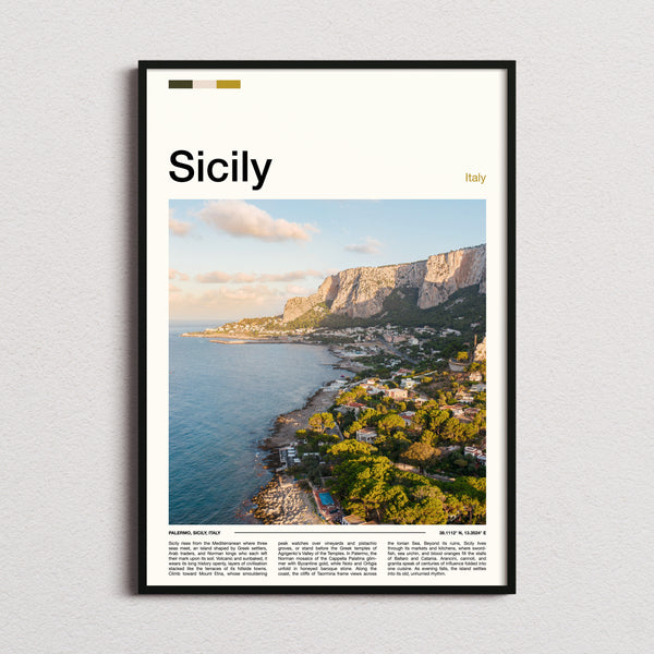 Sicily Coastal Cliffside View Travel Print framed and photographed straight on