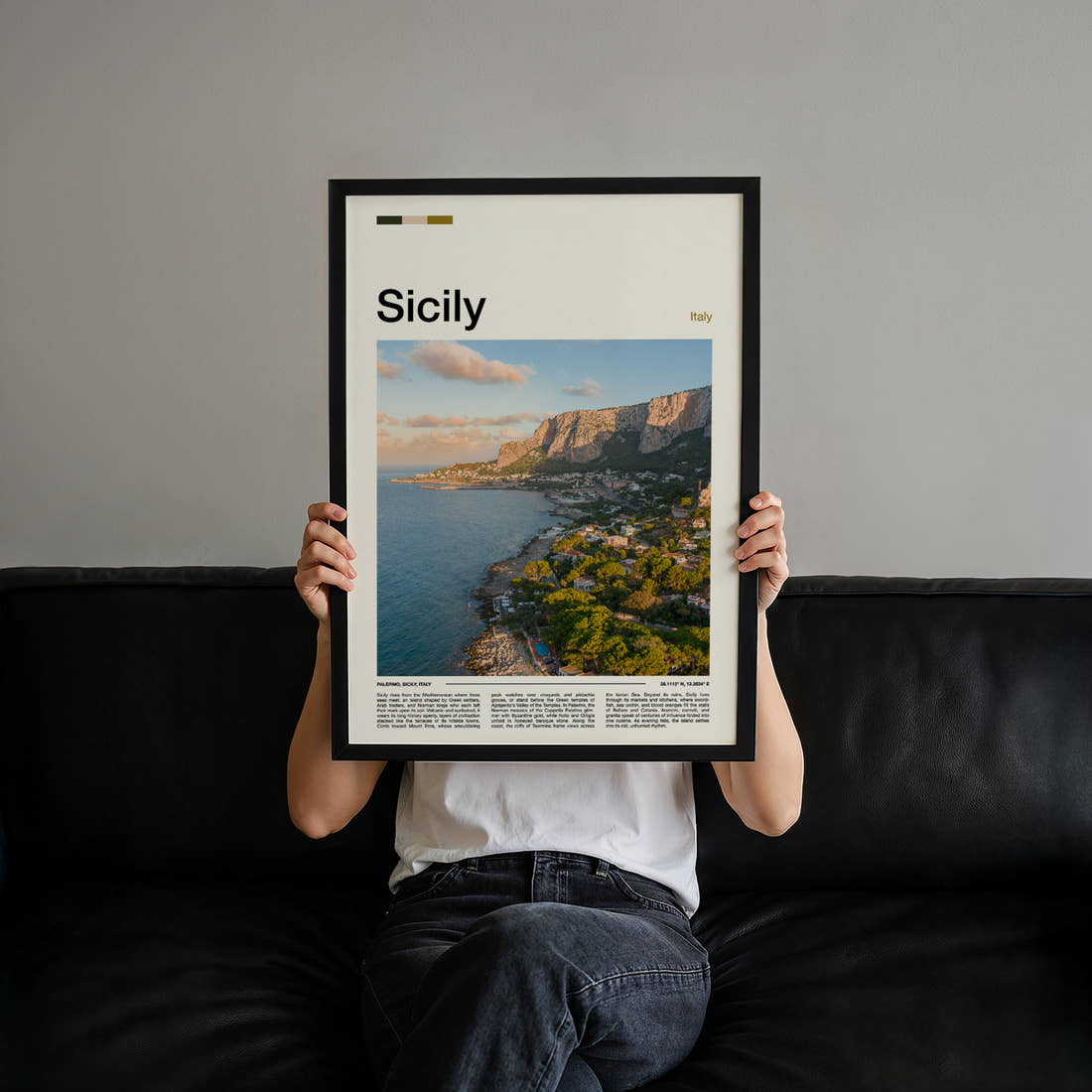 Sicily Coastal Cliffside View Travel Print held up by hand to show the size of the print