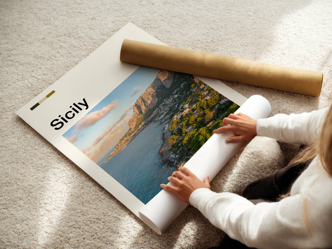 Sicily Coastal Cliffside View Travel Print being unrolled from its postal tube