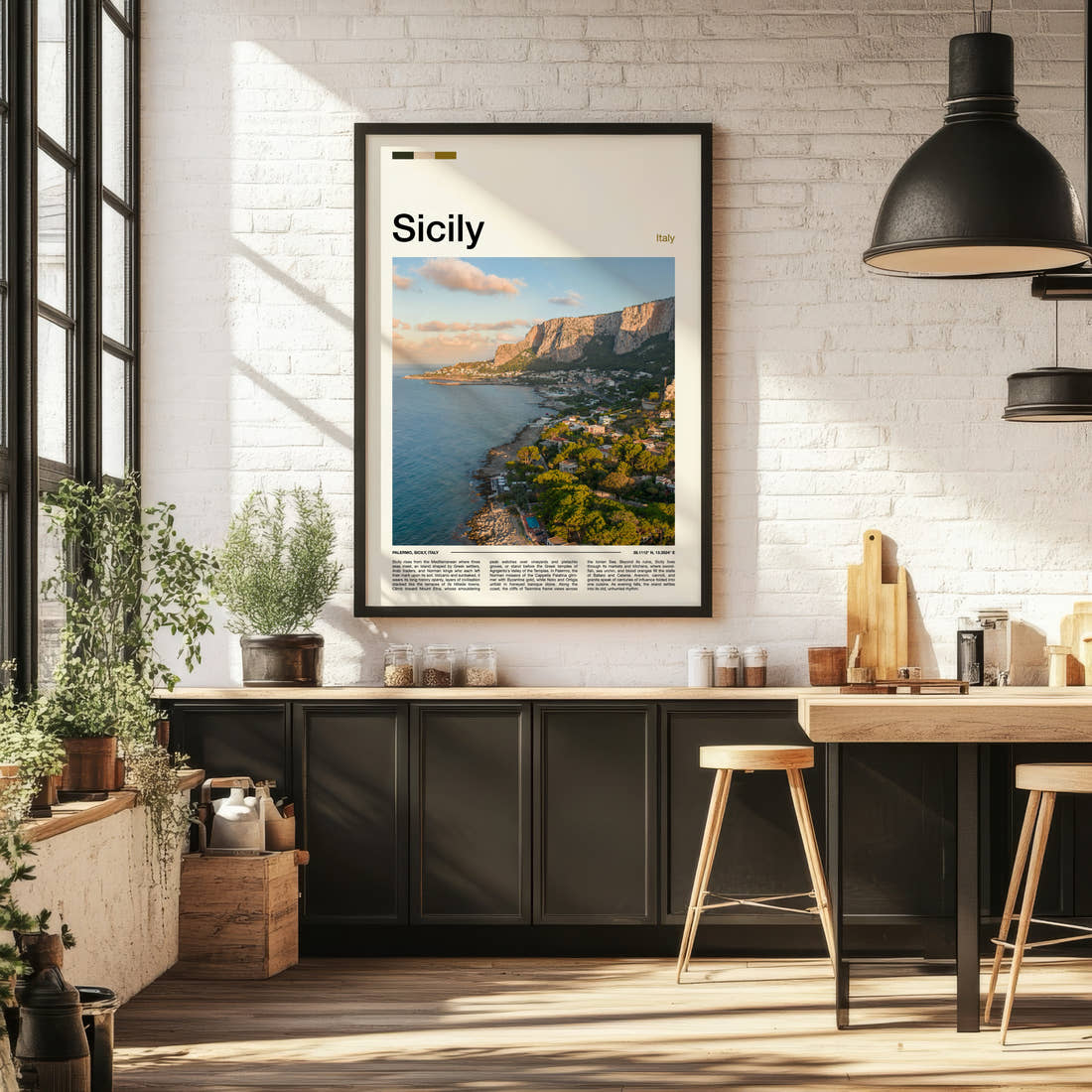 Sicily Coastal Cliffside View Travel Print framed on the wall of a bright kitchen and dining space