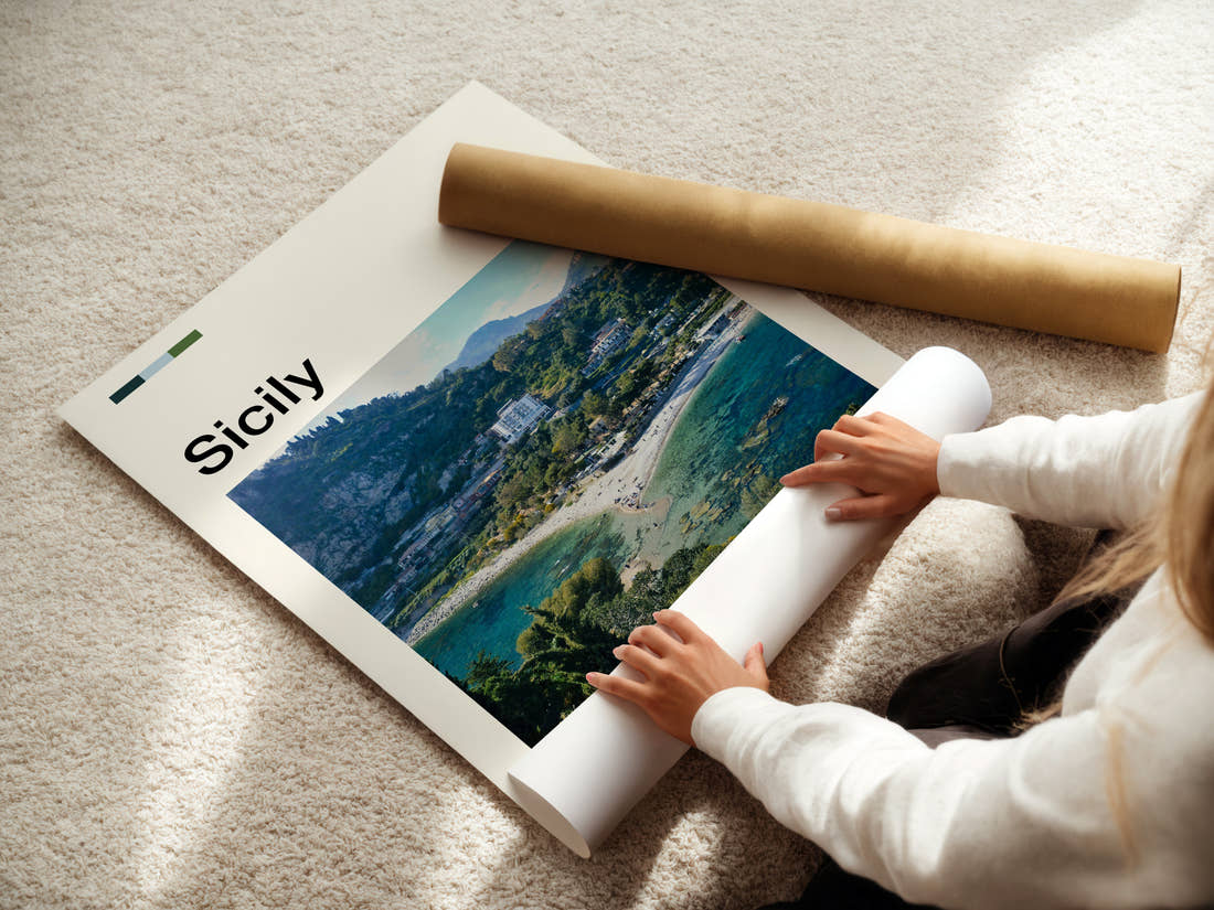 Sicily Coastal Hillside View Travel Print being unrolled from its postal tube