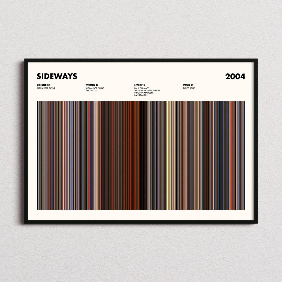 Sideways Movie Barcode Poster framed and photographed straight on