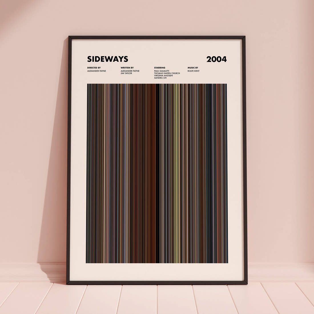 Sideways Movie Barcode Poster framed and leaning against a coloured wall