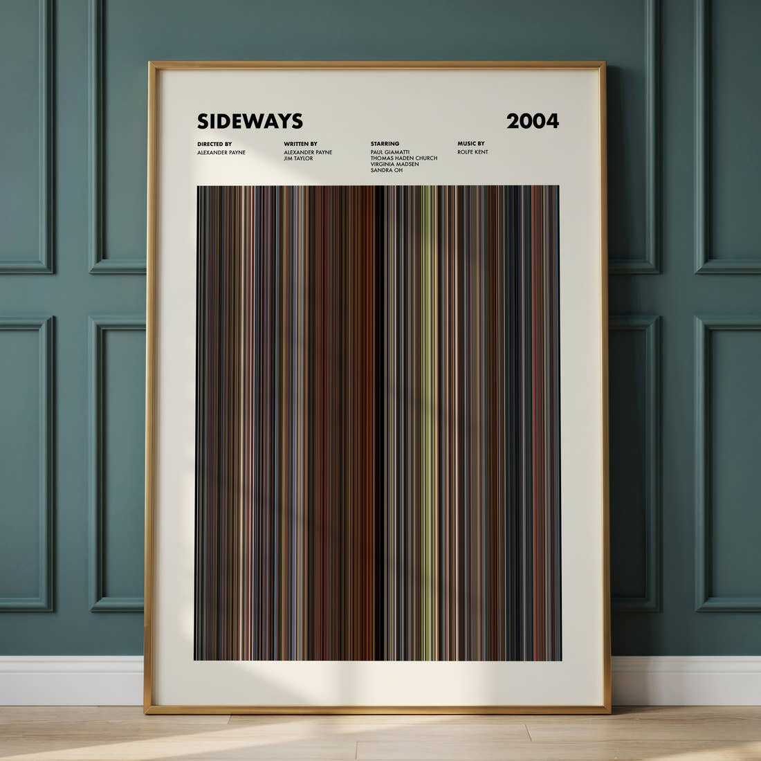 Sideways Movie Barcode Poster framed and leaning against a panelled wall