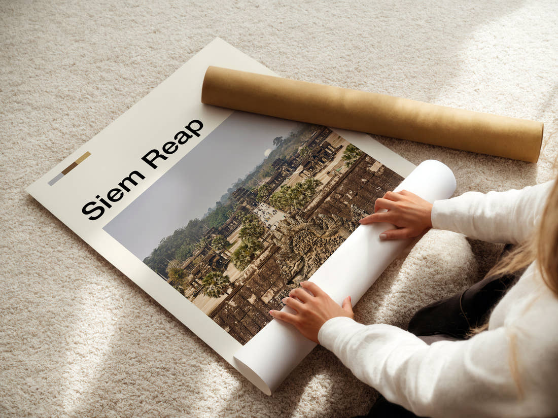 Siem Reap Angkor Wat Travel Print being unrolled from its postal tube