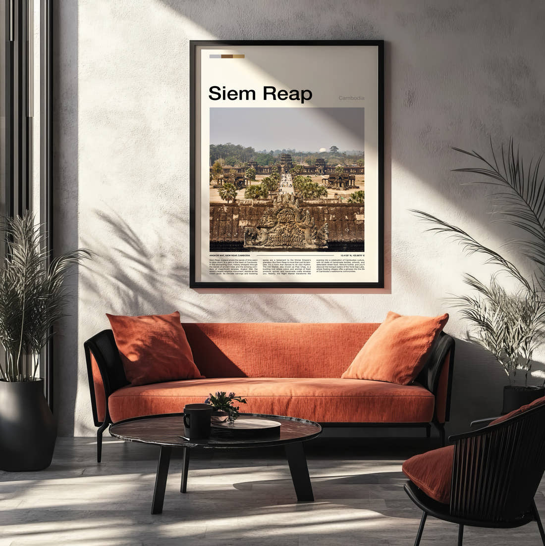 Siem Reap Angkor Wat Travel Print framed on the wall of a modern living room