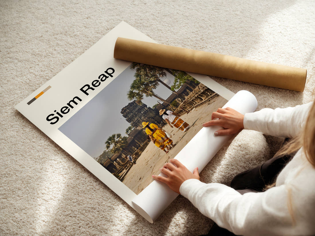 Siem Reap Temple Causeway Travel Print being unrolled from its postal tube