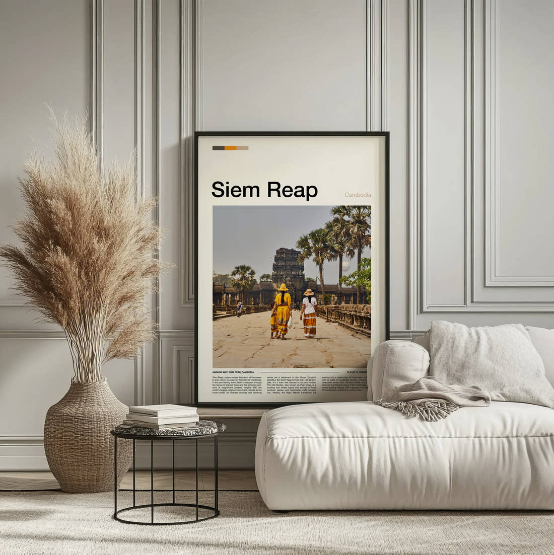 Siem Reap Temple Causeway Travel Print framed on the wall of a calm, neutral bedroom