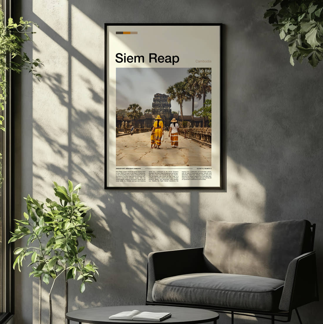 Siem Reap Temple Causeway Travel Print framed on the wall of a relaxed living room