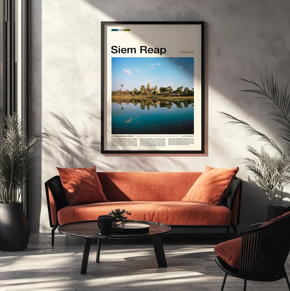 Siem Reap Angkor Wat Reflection Travel Print framed on the wall of a modern living room