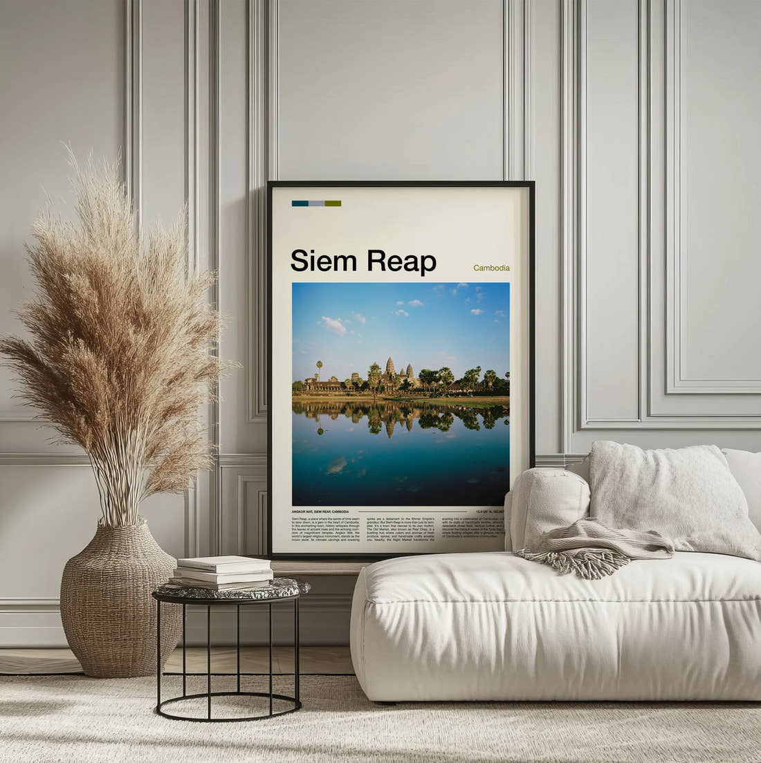 Siem Reap Angkor Wat Reflection Travel Print framed on the wall of a calm, neutral bedroom