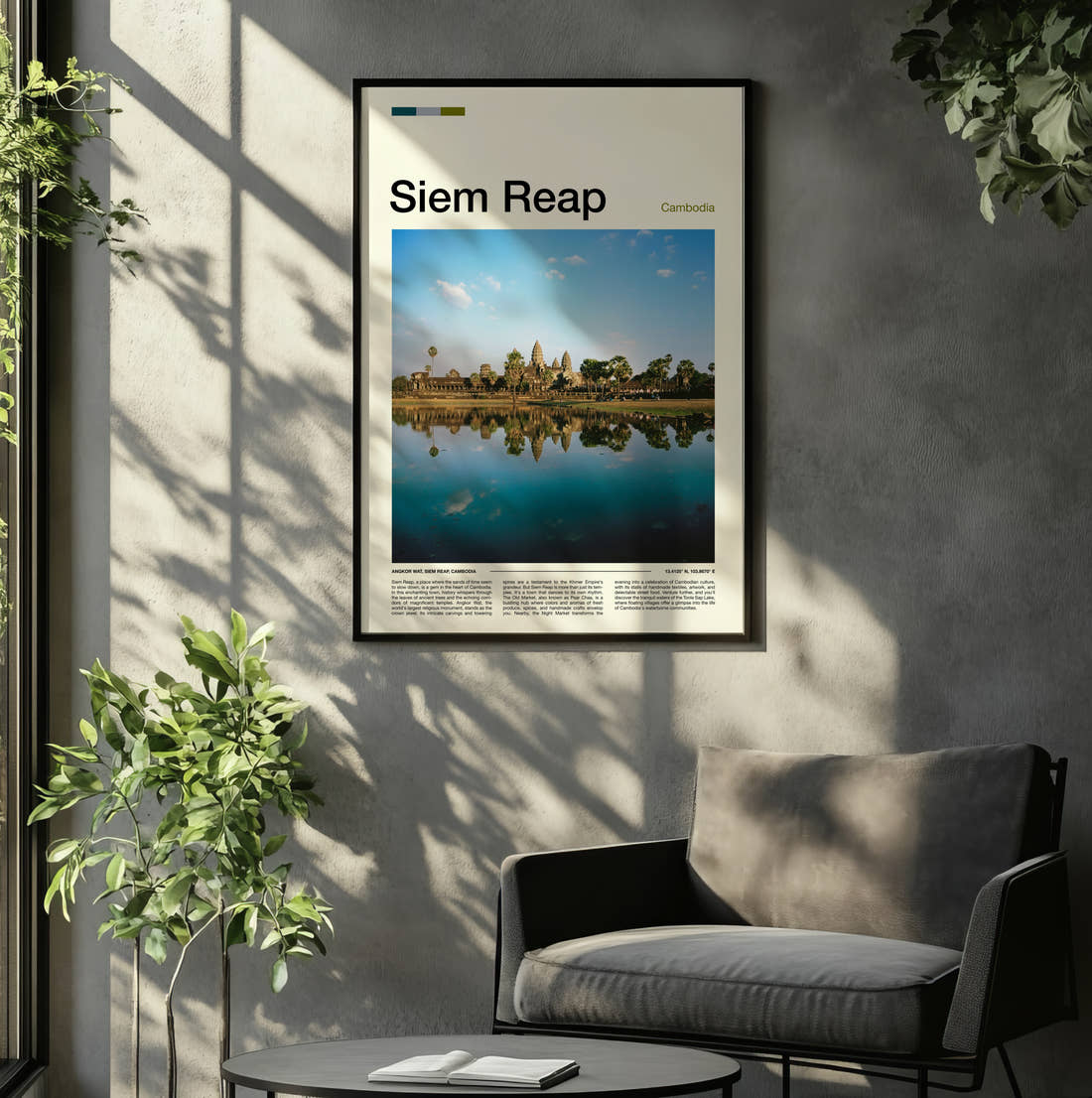 Siem Reap Angkor Wat Reflection Travel Print framed on the wall of a relaxed living room