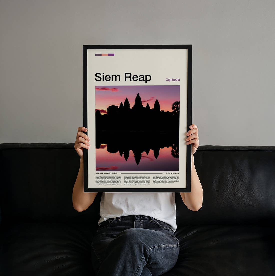 Siem Reap Temple Silhouette At Sunset Travel Print held up by hand to show the size of the print
