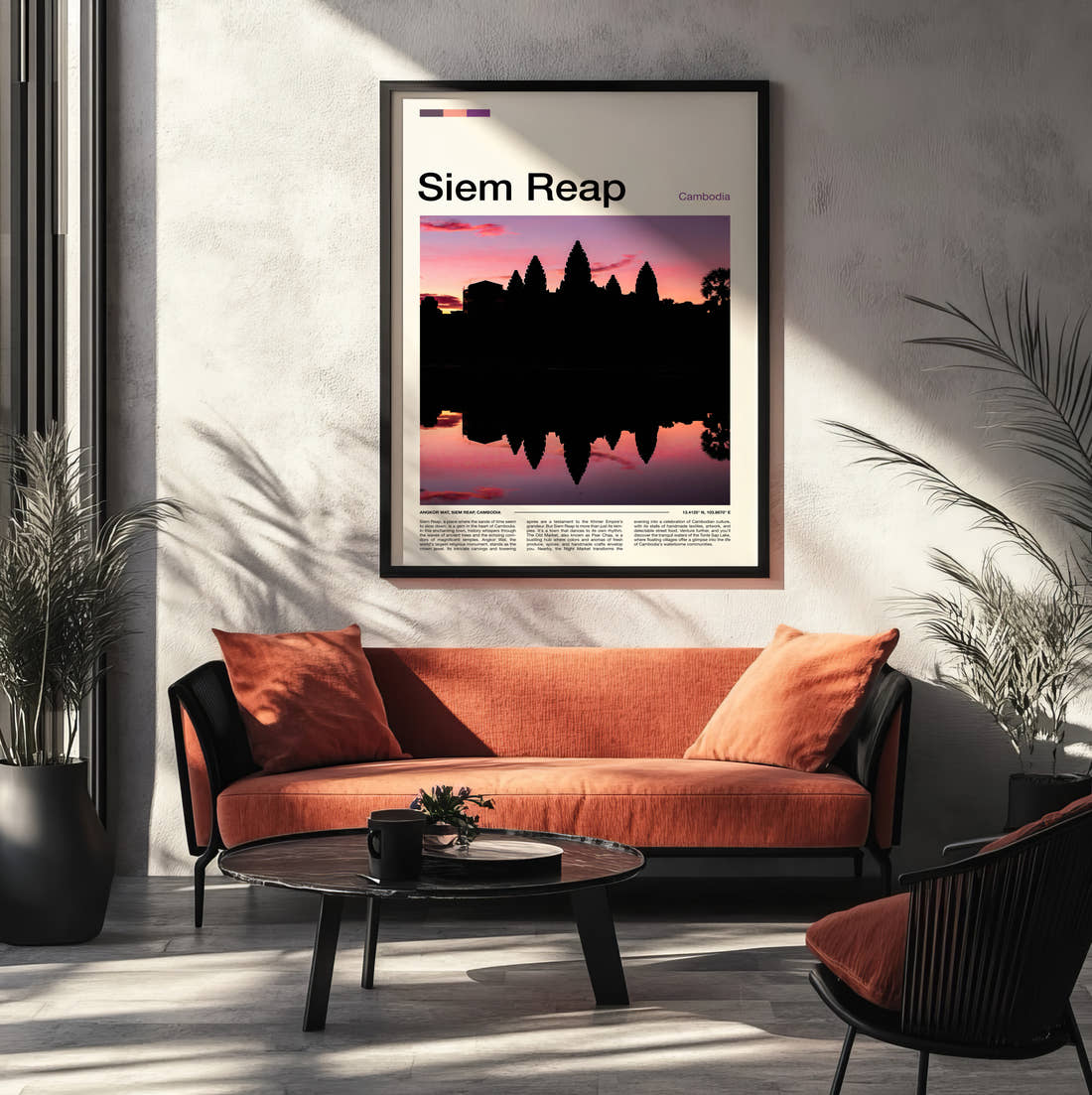 Siem Reap Temple Silhouette At Sunset Travel Print framed on the wall of a modern living room