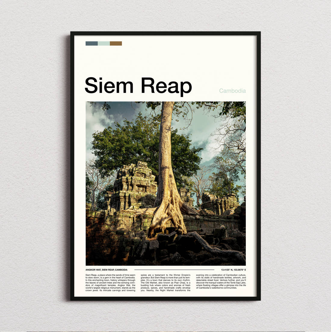 Siem Reap Tree Roots Over Ruins Travel Print framed and photographed straight on