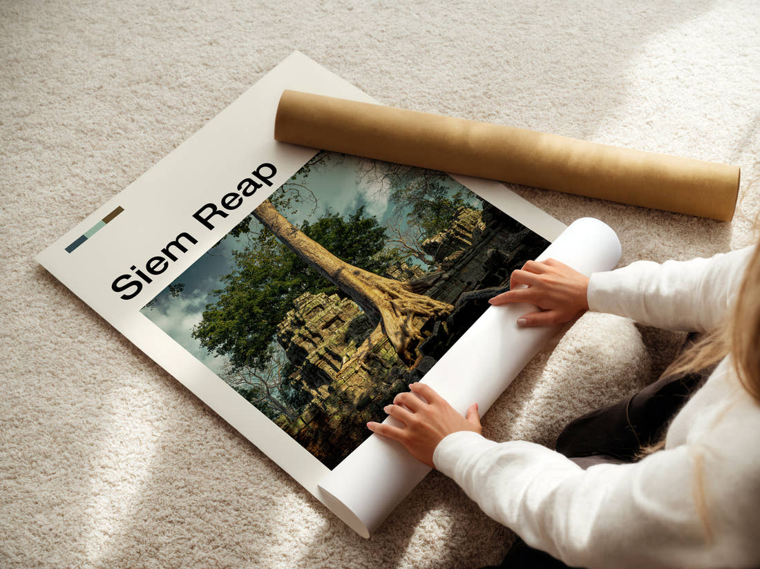 Siem Reap Tree Roots Over Ruins Travel Print being unrolled from its postal tube