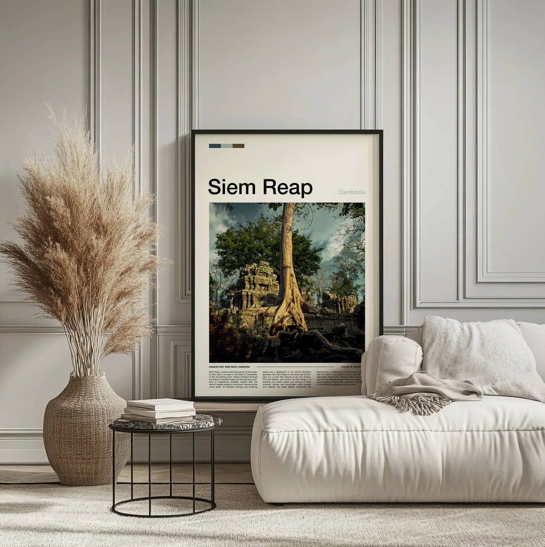 Siem Reap Tree Roots Over Ruins Travel Print framed on the wall of a calm, neutral bedroom