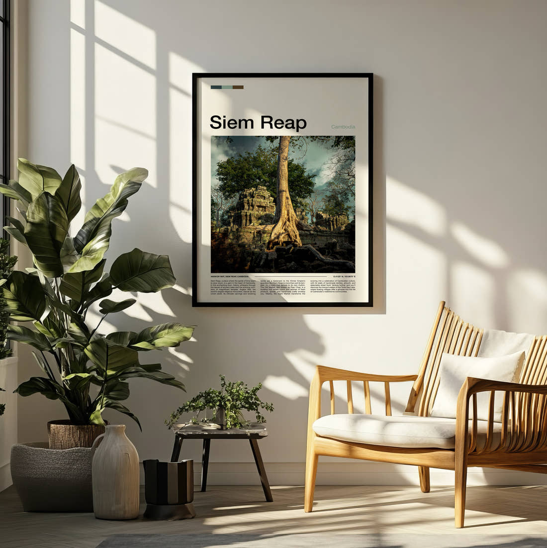 Siem Reap Tree Roots Over Ruins Travel Print framed on a pale wall beside houseplants