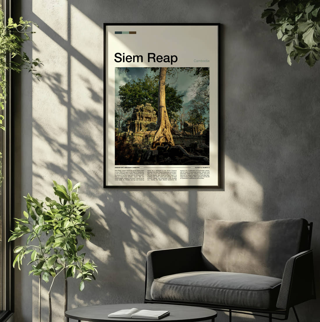 Siem Reap Tree Roots Over Ruins Travel Print framed on the wall of a relaxed living room